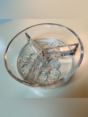 VINTAGE 1950s Divided Candy Nut Olive Dish Pressed Glass Dish Dogwood Bas Relief